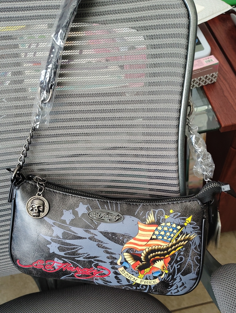 Ed Hardy Black Shoulder Bag with Patriotic Eagle Graphic And Crossbody Strap